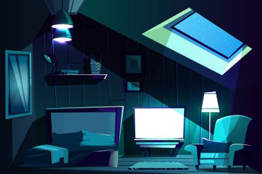 Vektör tavan arası Oda geceleri. Çizgi film garret