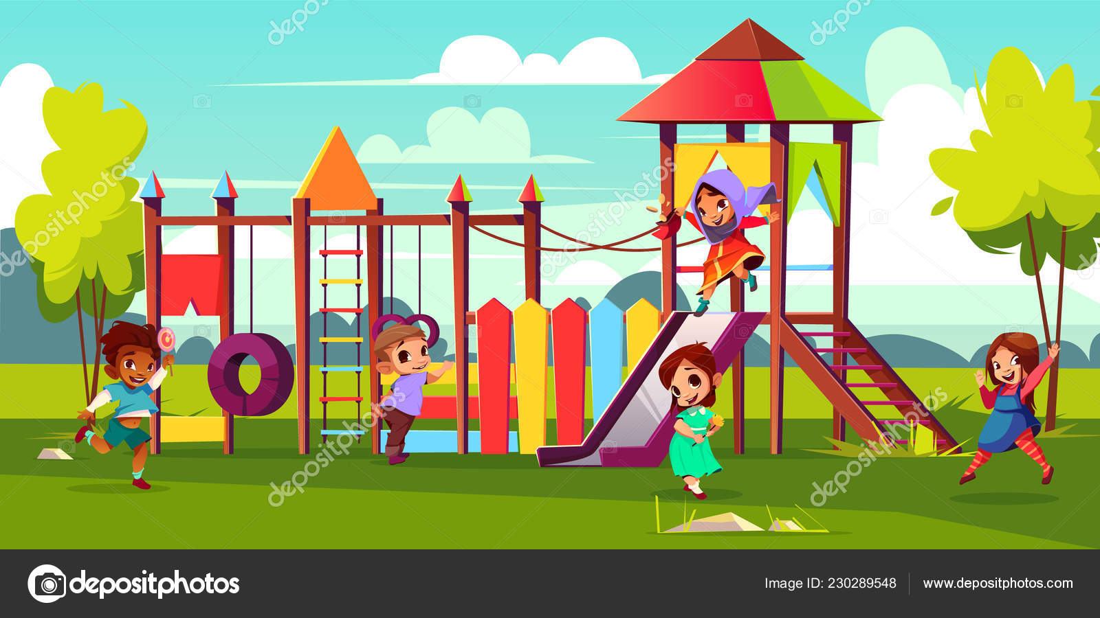 fundo de parque infantil com casa na árvore e jogando meninos e meninas.  acampamento de verão