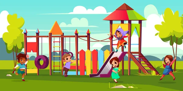 Kids playing on park playground cartoon vector — Stock Vector