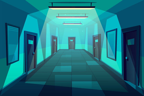 Modern office corridor at night cartoon vector