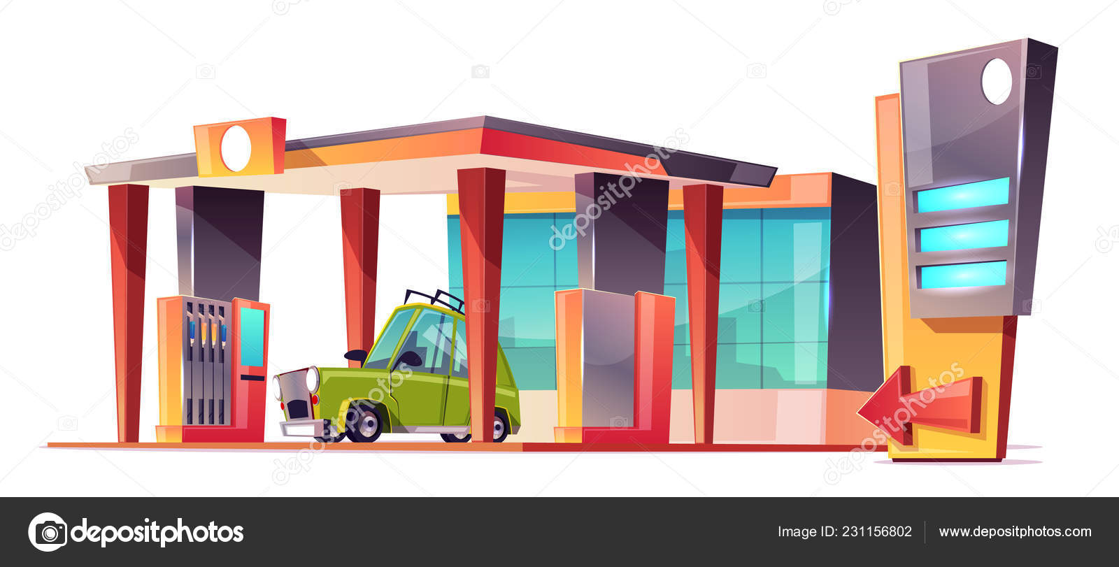 Vector de la gasolinera de dibujos animados con coche verde vector, gráfico  vectorial © vectorpouch imagen #231156802