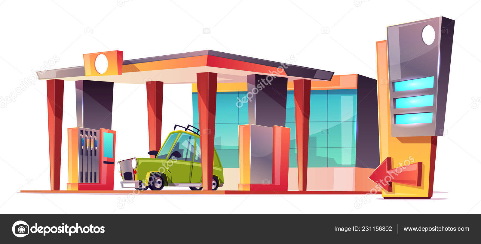 Vector de la gasolinera de dibujos animados con coche verde Vector de stock  por ©vectorpouch 231156802