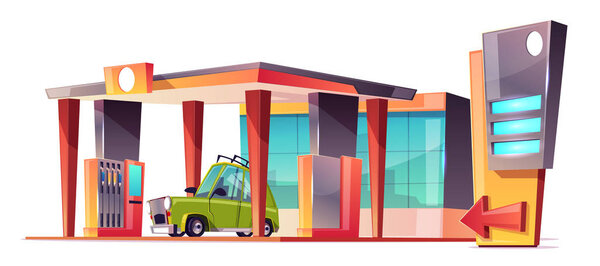 Vector cartoon gas station with green car