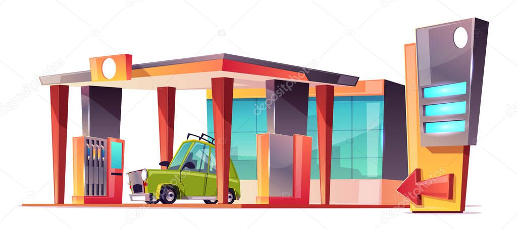 Vector cartoon gas station with green car