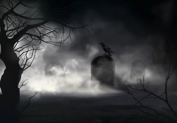 Raven em lápides no velho vetor do cemitério — Vetor de Stock
