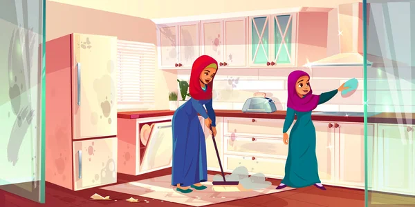 Vektor Arabian wanita mencuci dapur. Pelayan membersihkan - Stok Vektor