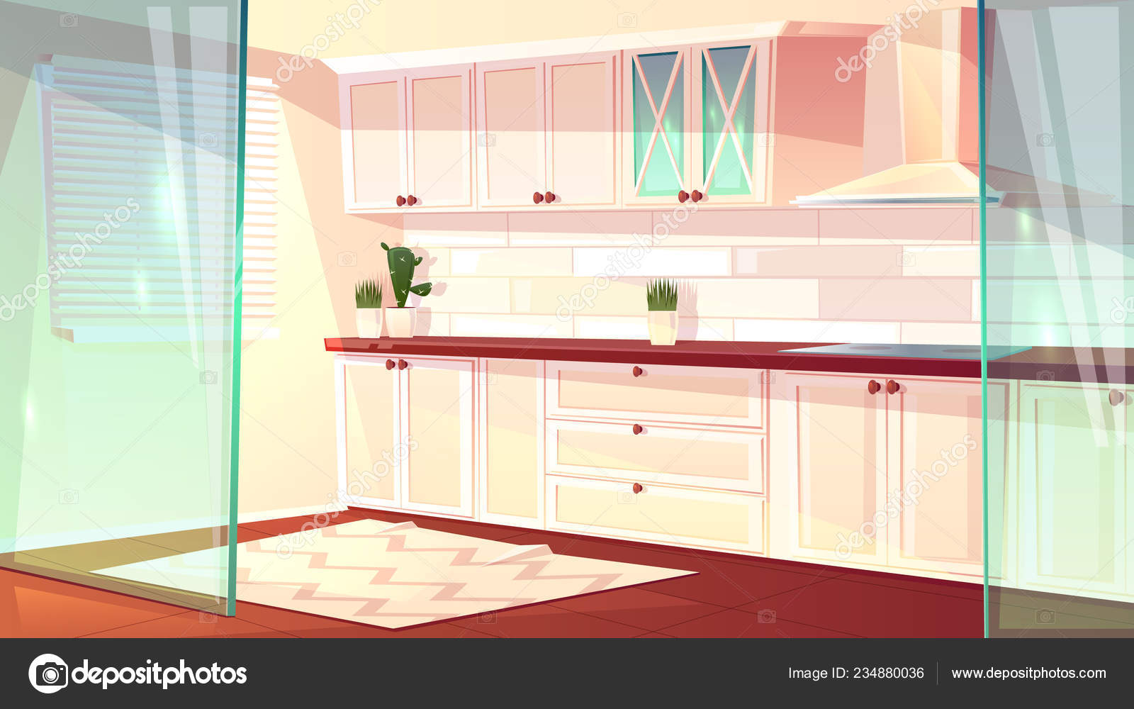 Vector cartoon empty kitchen in pink colors Stock Vector by ©vectorpouch  234880036, image size:1600x1000