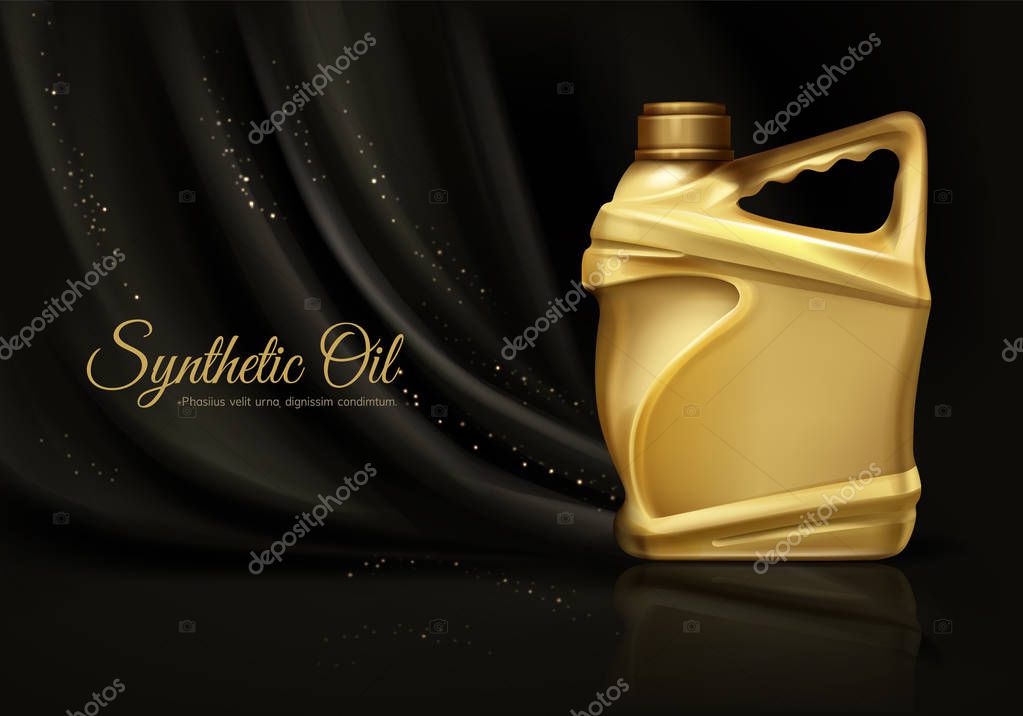 Download Luxury Synthetic Engine Oil Or Car Lubricant 3d Vector Advertising Banner Or Poster With Blank Golden Canister Or Bottle On Black Silk Fabric With Creases Background Auto Industry Product Mockup Premium PSD Mockup Templates