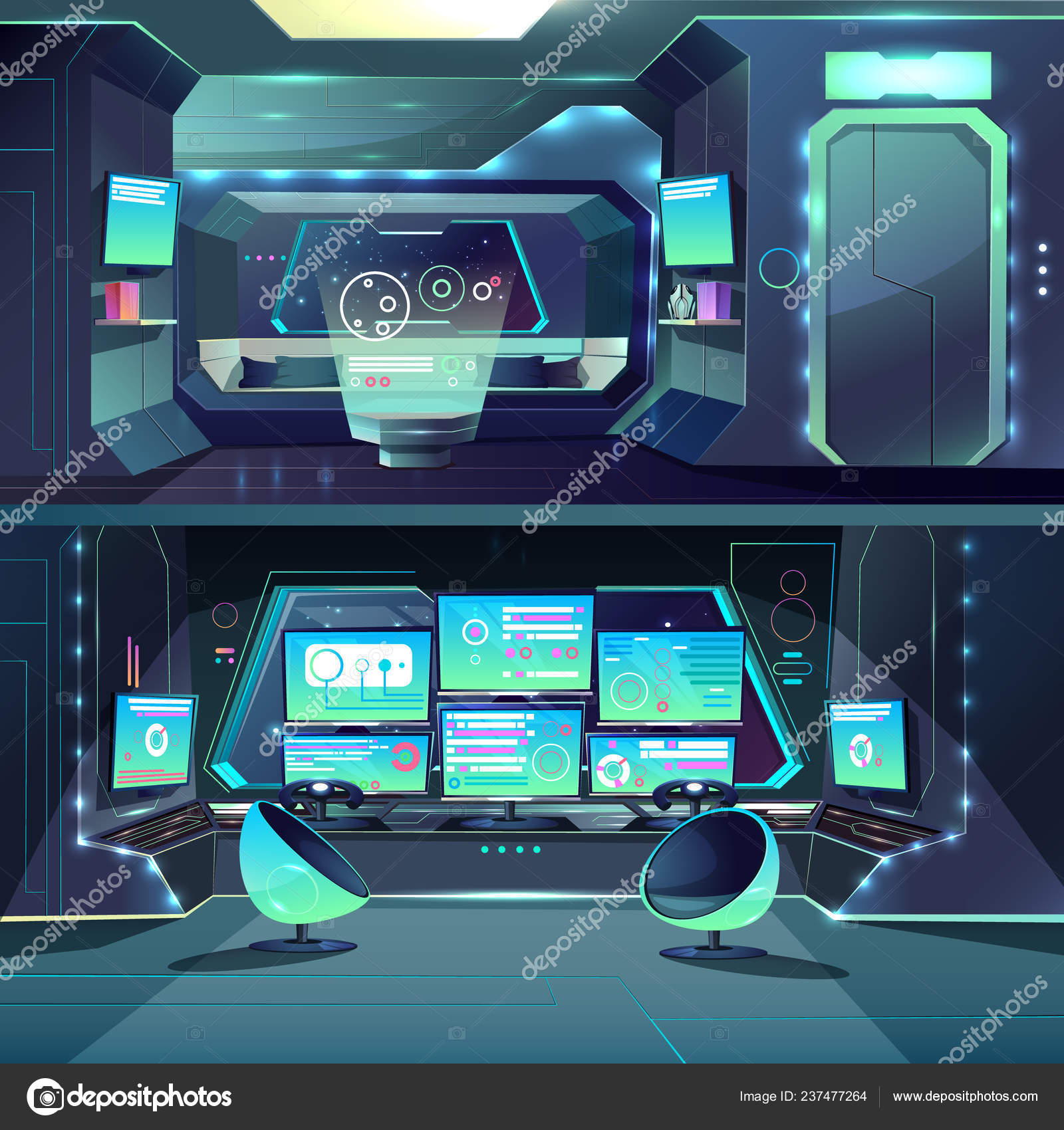 Vector Futuristic Spaceship Datacenter Interfaces And
