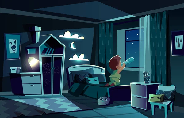 Sala de vetor noite, menino assistindo por spyglass —  Vetores de Stock