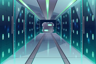 Vector corridor in spaceship, server center, datacenter