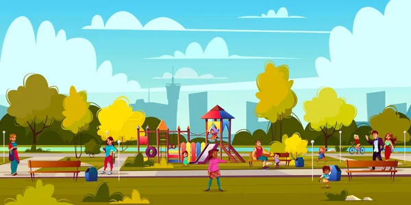 Aire de jeux vectorielle de dessin animé dans le parc avec des gens — Image vectorielle