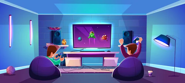 Sala de juegos vectorial con personas, concepto de esports — Vector de stock