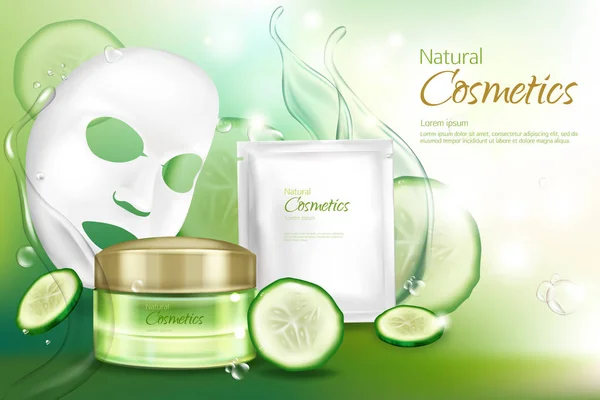 Affiche cosmétique vectorielle avec masque, cosmétiques concombre — Image vectorielle