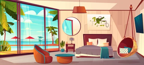 ホテルの寝室、夏のリゾート地のベクトル インテリア — ストックベクタ