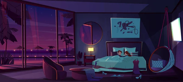 Dormir en el complejo de lujo habitación de hotel vector de dibujos animados — Vector de stock