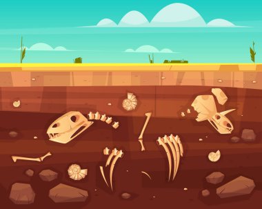 Dinozorlar iskelet kemikleri toprak katmanları vektör