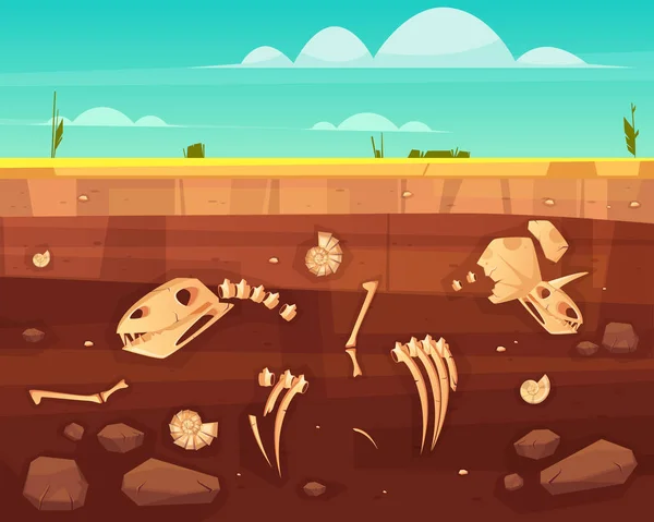 Esqueletos de dinossauros ossos em camadas de solo vetor — Vetor de Stock