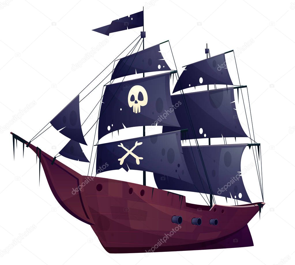 Vector cartoon pirate ship. Boat with black sails