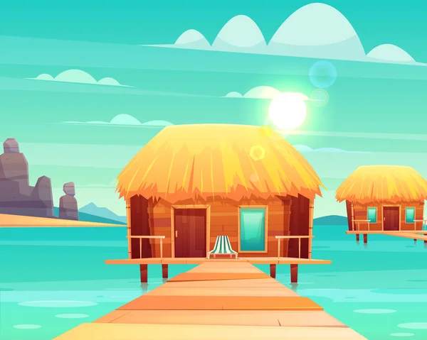 Cómodos bungalows en playa tropical vector — Vector de stock
