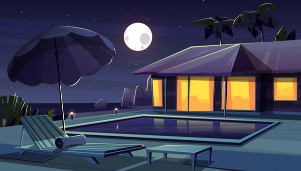 Hôtel vectoriel de dessin animé la nuit. Station tropicale — Image vectorielle
