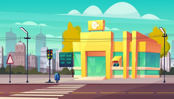 Bâtiment de succursale bancaire sur le vecteur de dessin animé de rue ville — Image vectorielle