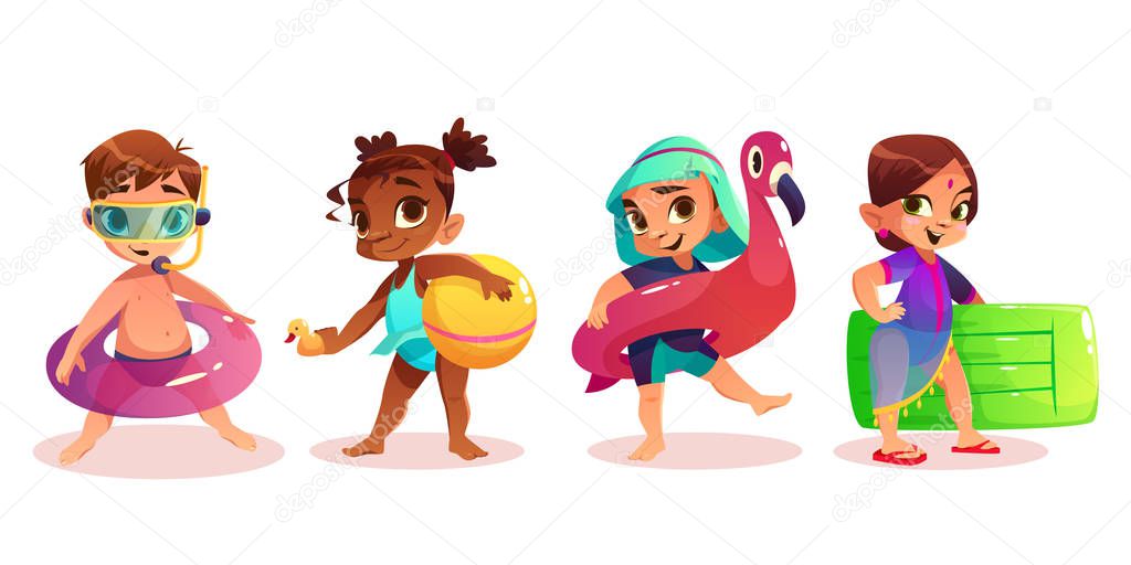 Children with swimming rings cartoon vector set