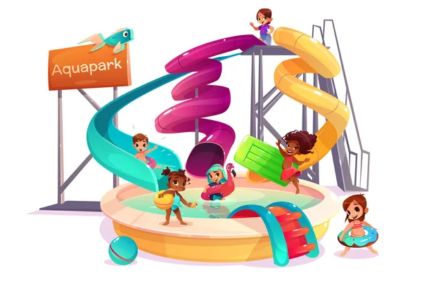 Crianças multinacionais no parque aquático cartoon vector — Vetor de Stock