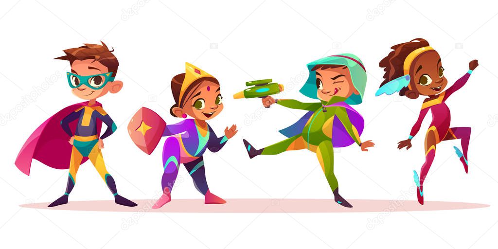 Children in superhero costumes cartoon vector