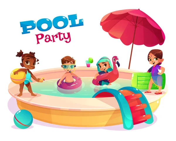 Multiethnic kids swimming in pool carton vector — Stock Vector