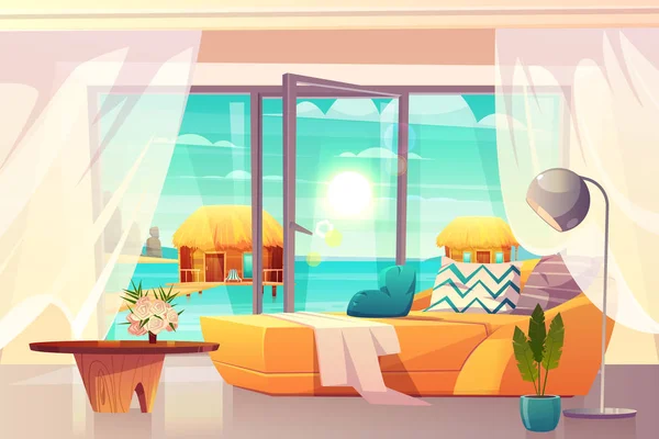 Tropical resort hotel quarto interior cartoon vector —  Vetores de Stock