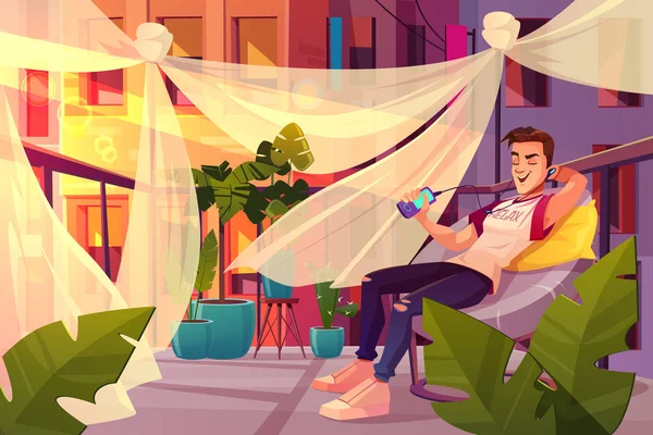 Hombre relajante en la cafetería terraza vector de dibujos animados — Vector de stock