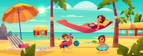 Mujer con niños descansando en vector de playa — Vector de stock