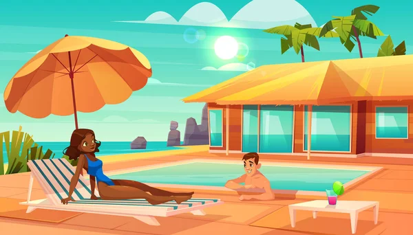 Vacanze per il tempo libero sulla località tropicale vettore cartone animato — Vettoriale Stock