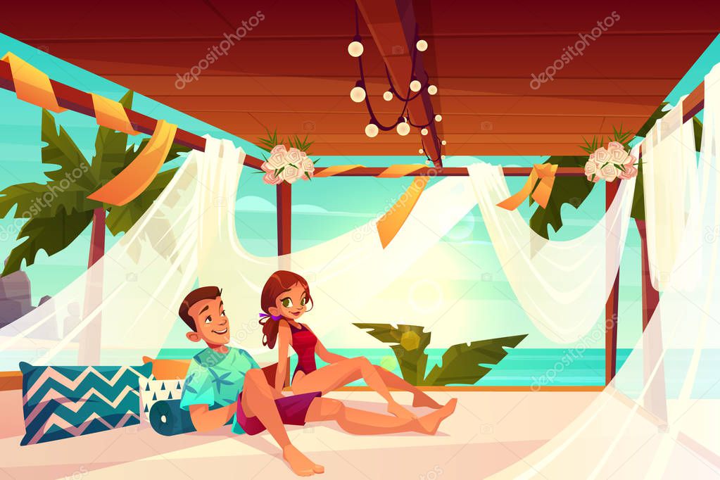 Couple relaxing in terrace on beach cartoon vector
