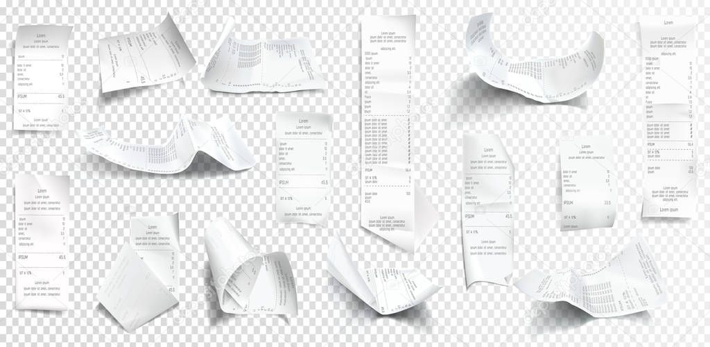 Vector realistic receipt collection, bill or check