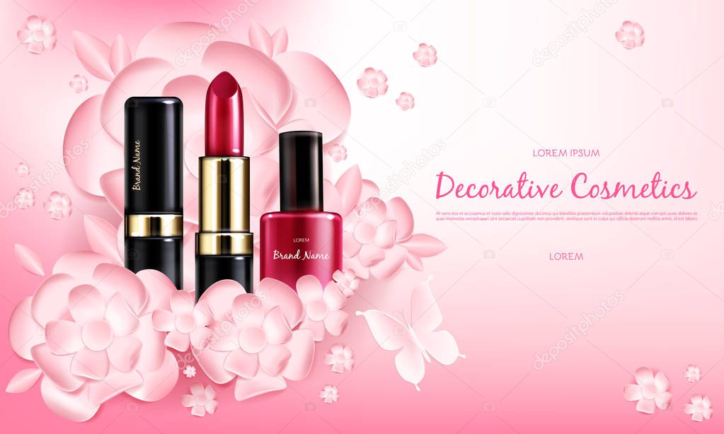 Banner with a female collection of makeup cosmetics