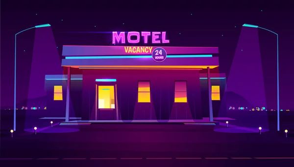 Estrada iluminada motel edifício cartoon vector — Vetor de Stock