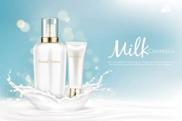 Milk cosmetics bottles mockup with splash design