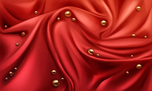 Červené hedvábí potažené tkaniny pozadí se zlatými perlami — Stockový vektor