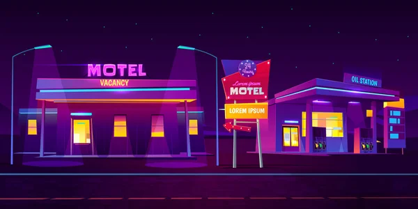 Nacht weg Motel met parkeerplaats en olie station. — Stockvector