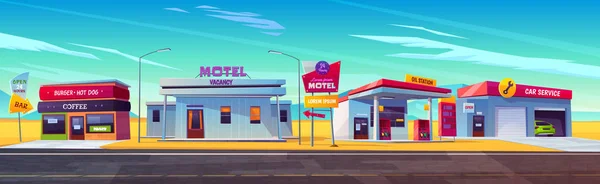 Motel au bord de la route, station d'huile, café et service de voiture . — Image vectorielle