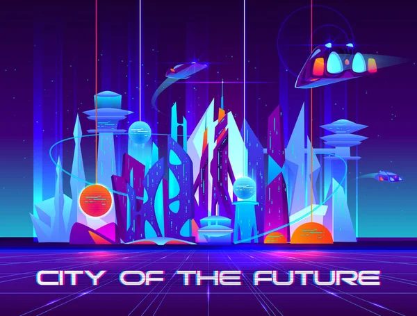 Stadt der Zukunft bei Nacht mit leuchtenden Neonlichtern — Stockvektor
