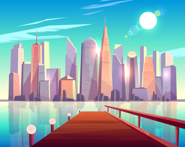 Архитектурный вид Мегаполиса с деревянного пирса
.