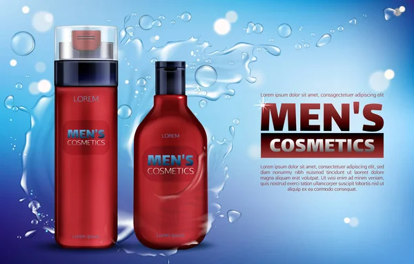 Homens cosméticos gel de banho, shampoo, espuma de barbear — Vetor de Stock