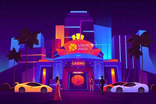 Les joueurs arrivant au concept vectoriel de dessin animé de casino — Image vectorielle