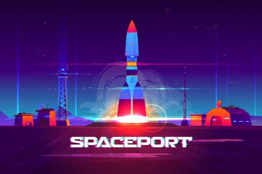 Rocketship launching from spaceport cartoon vector clipart