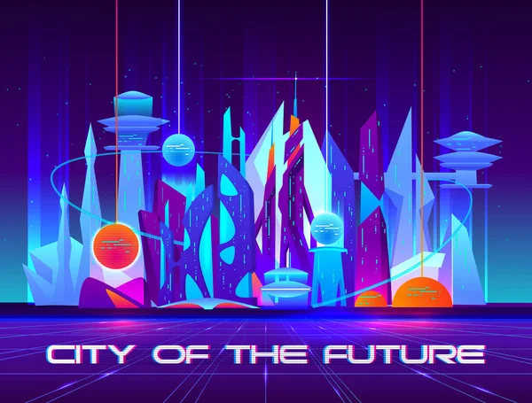 Stadt der Zukunft bei Nacht mit leuchtenden Neonlichtern — Stockvektor