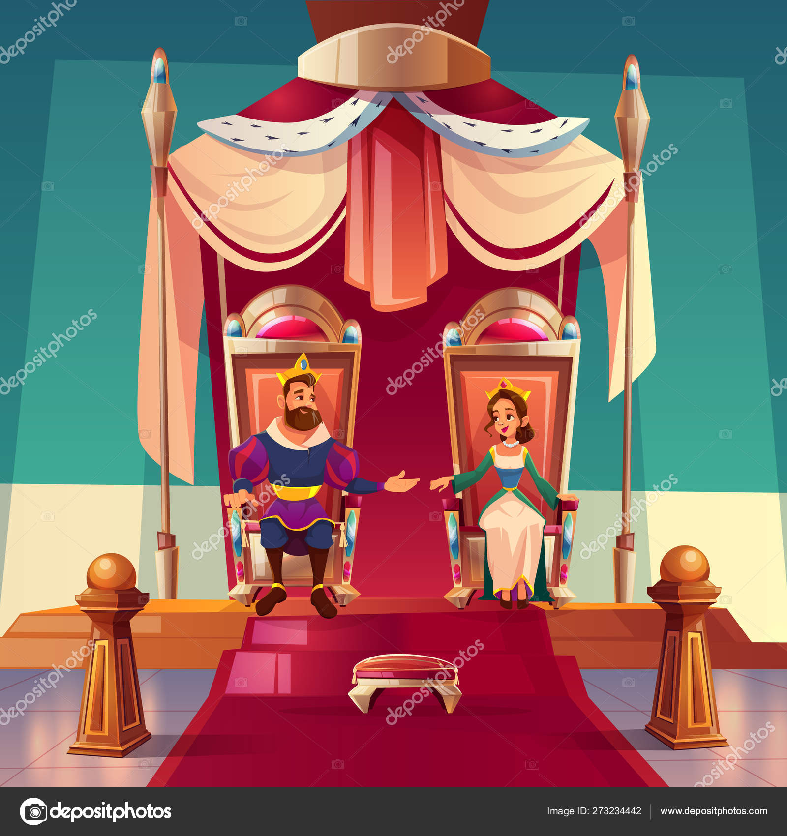 国王和王后坐在王宫的宝座上。皇家图库矢量图©vectorpouch 273234442, image size:1600x1700
