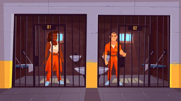 감옥에 있는 주황색 점프수트를 입은 수감자들. — 스톡 벡터